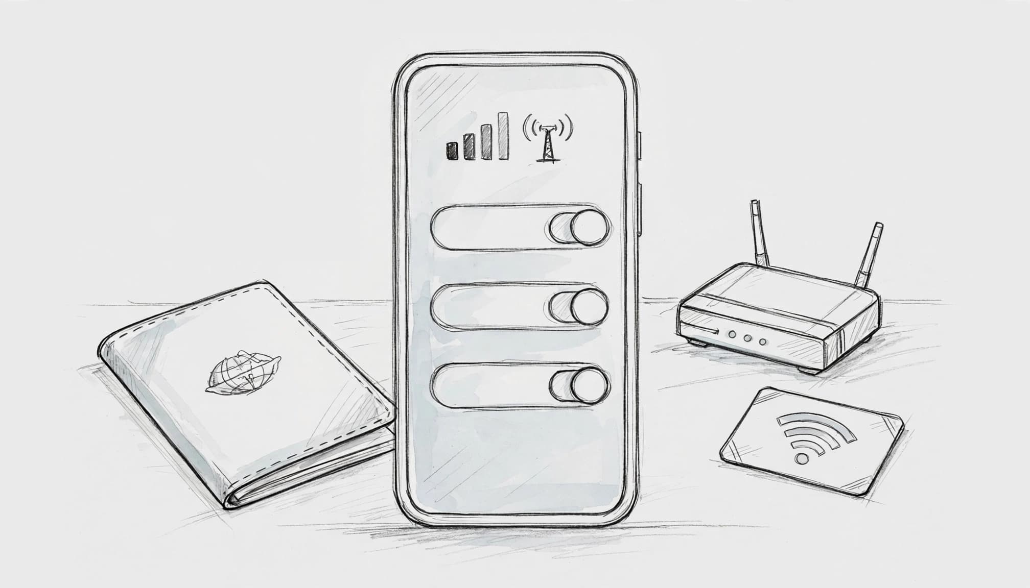 A smartphone with cellular settings beside a passport and Wi-Fi card.