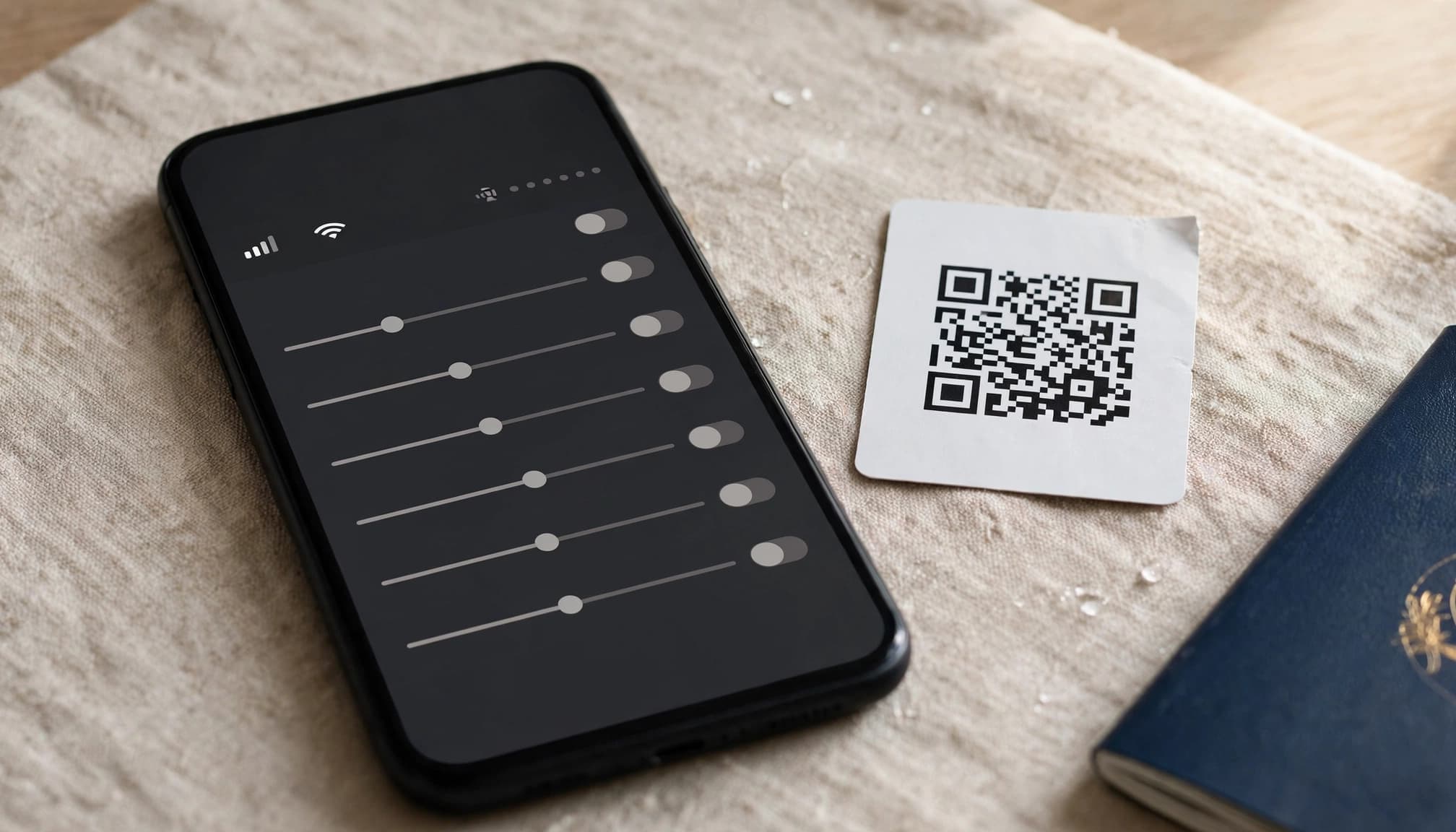 A smartphone and eSIM QR card sit beside a partly visible passport.
