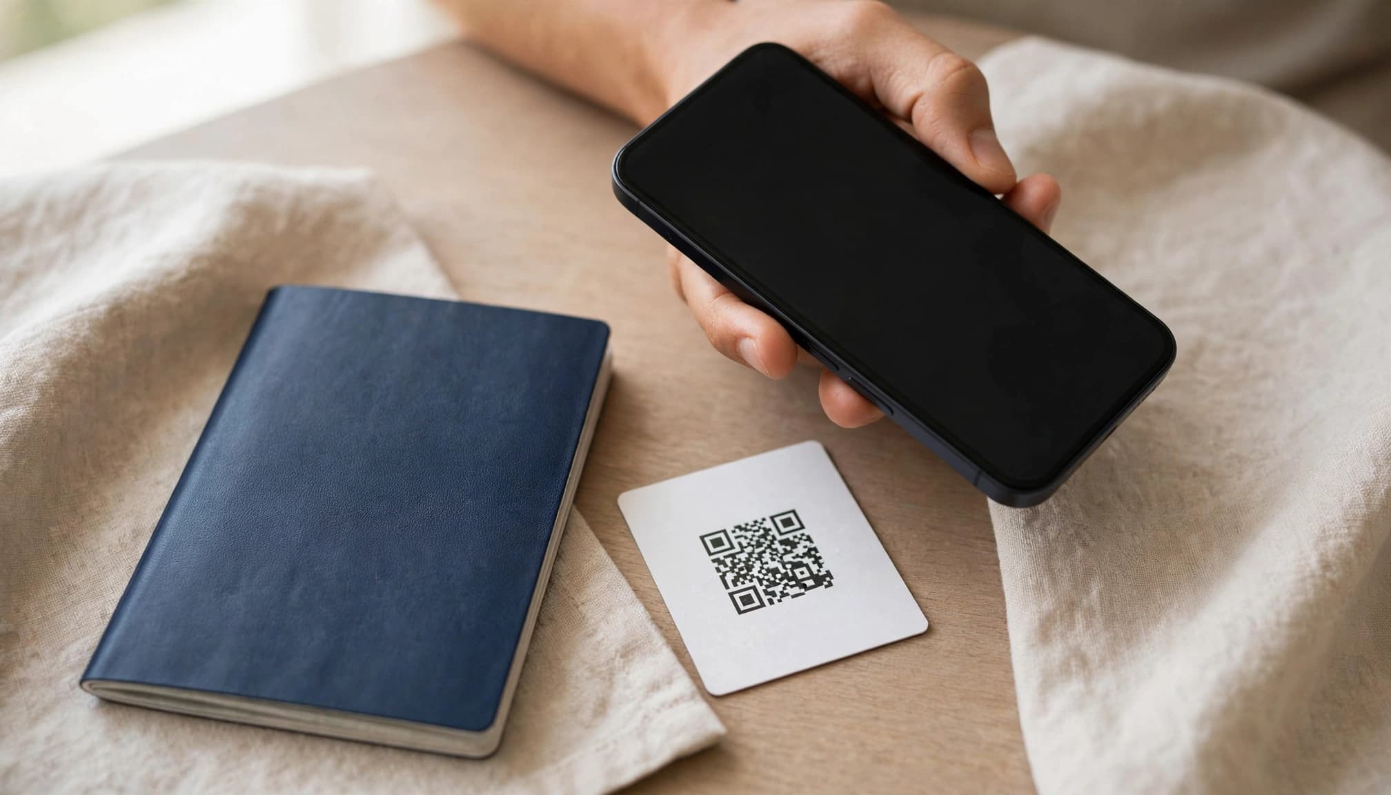 A hand holds a smartphone beside a passport and eSIM setup card.