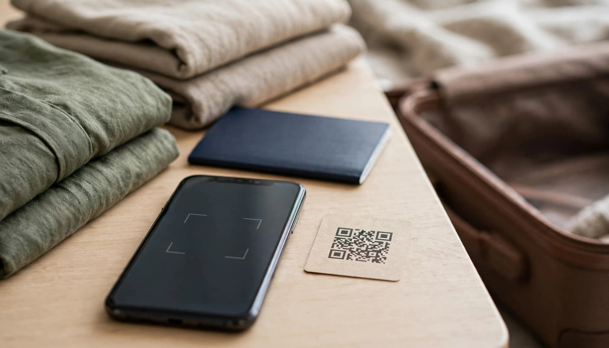 A smartphone and QR code card beside a passport and folded clothes.