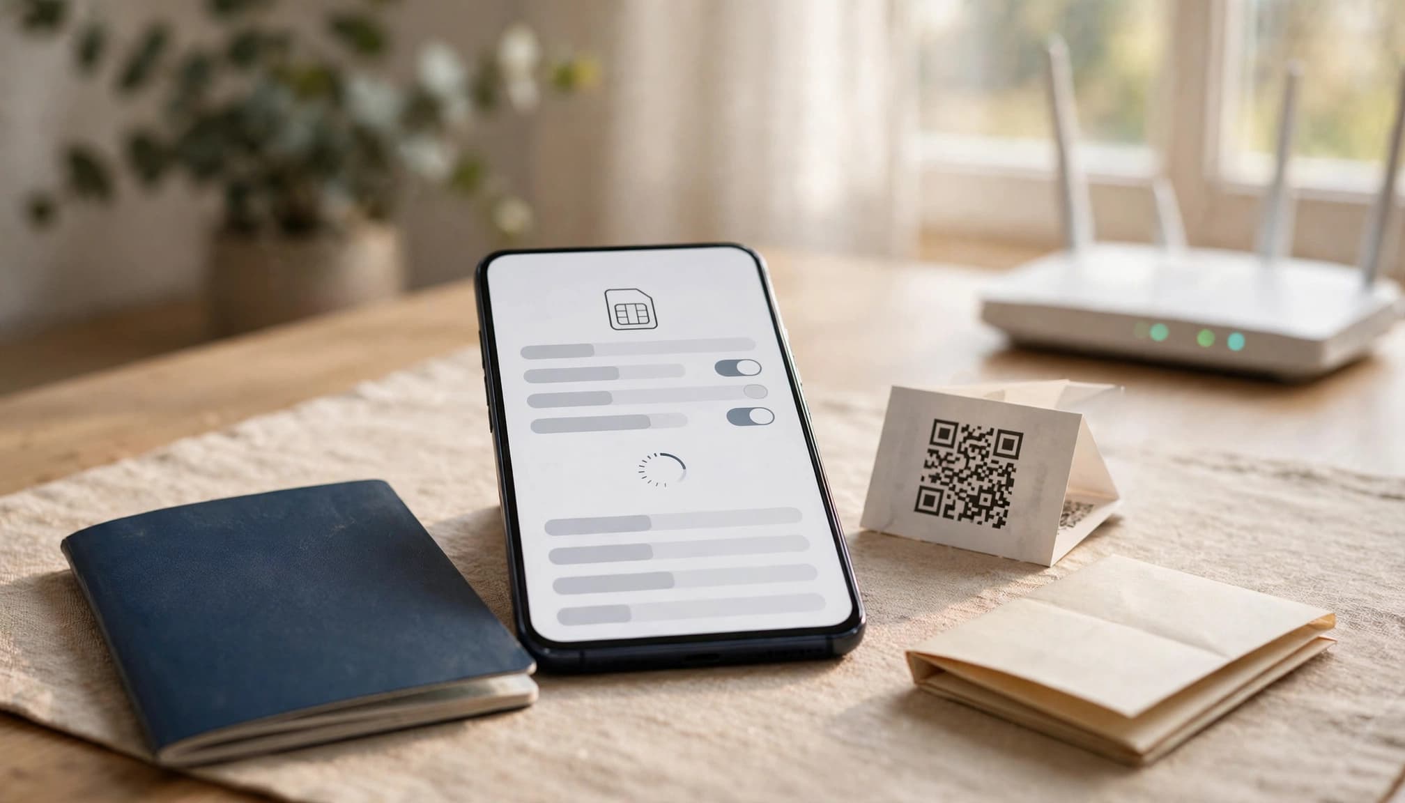 A smartphone showing eSIM setup beside a passport and travel documents.