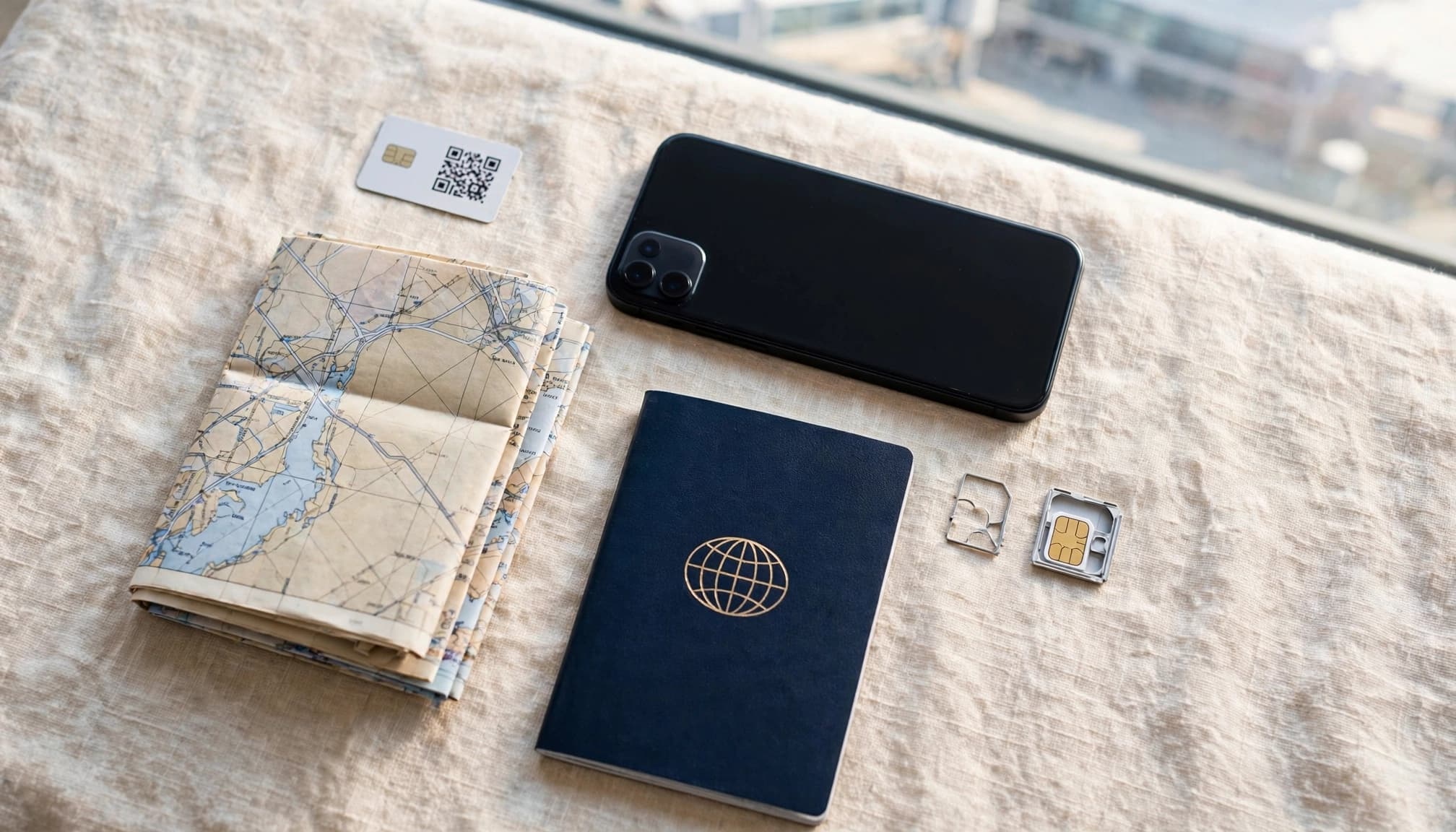 A phone, eSIM card, physical SIM, passport, and map arranged on a table.