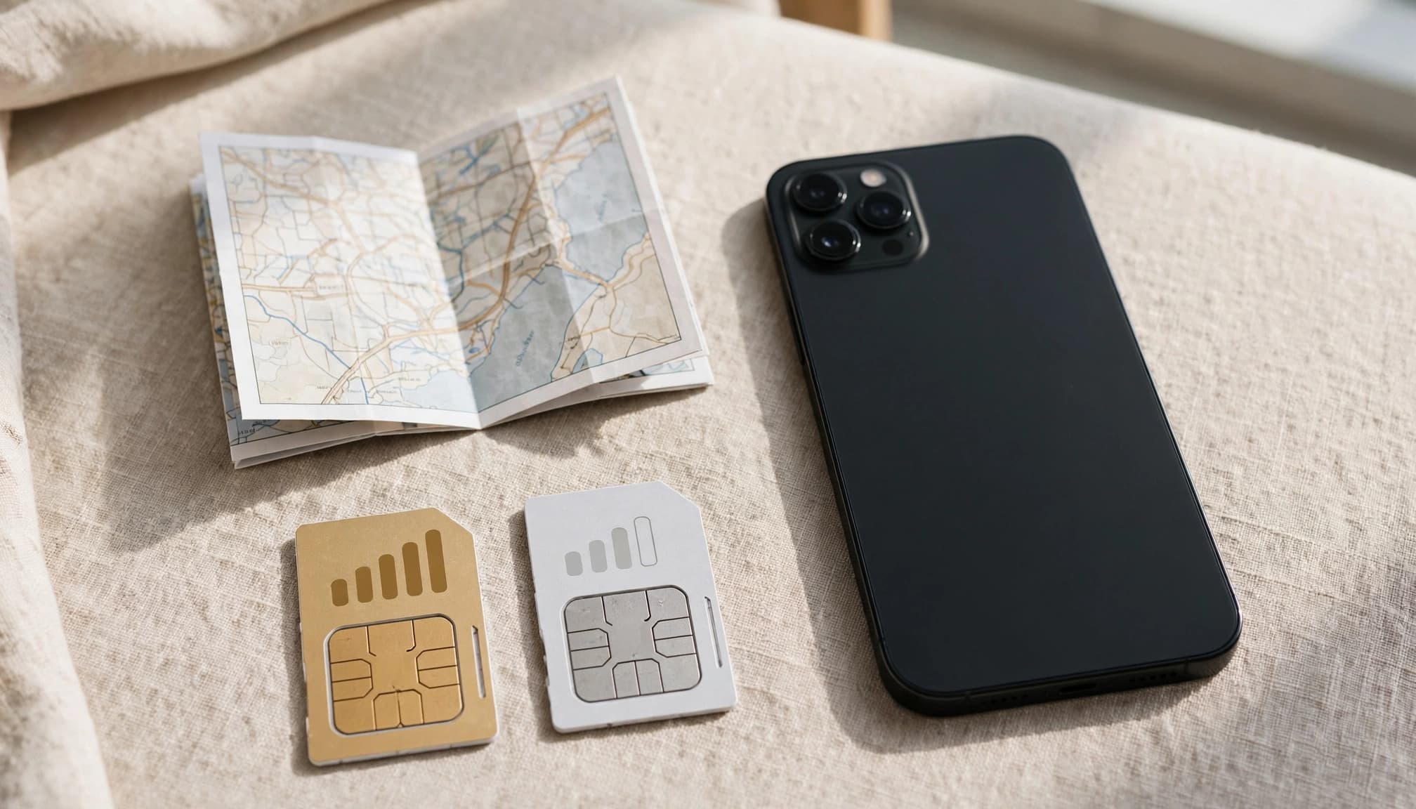 A phone, open map, and two SIM cards show different signal strength.