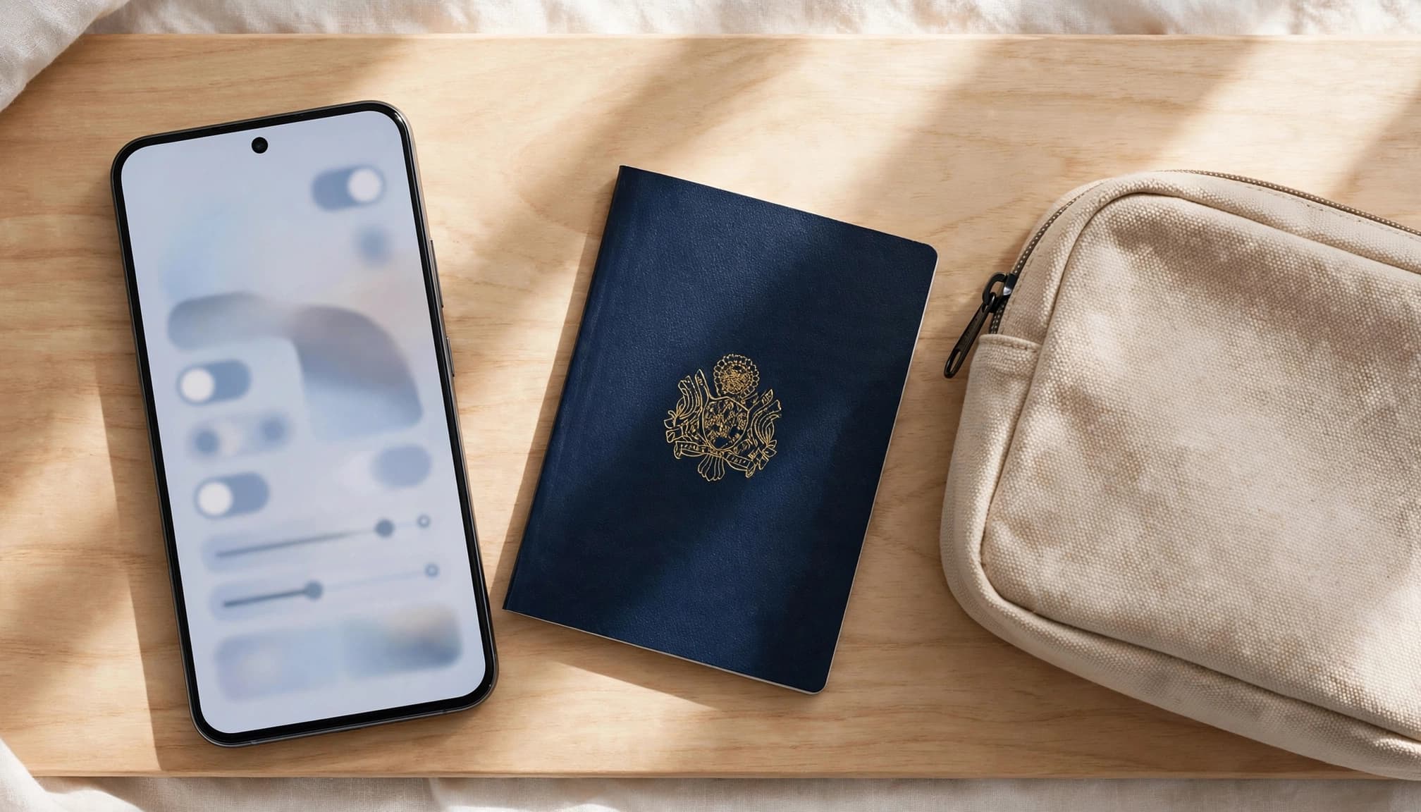 A smartphone, passport, and small carry-on bag sit on a bright table.