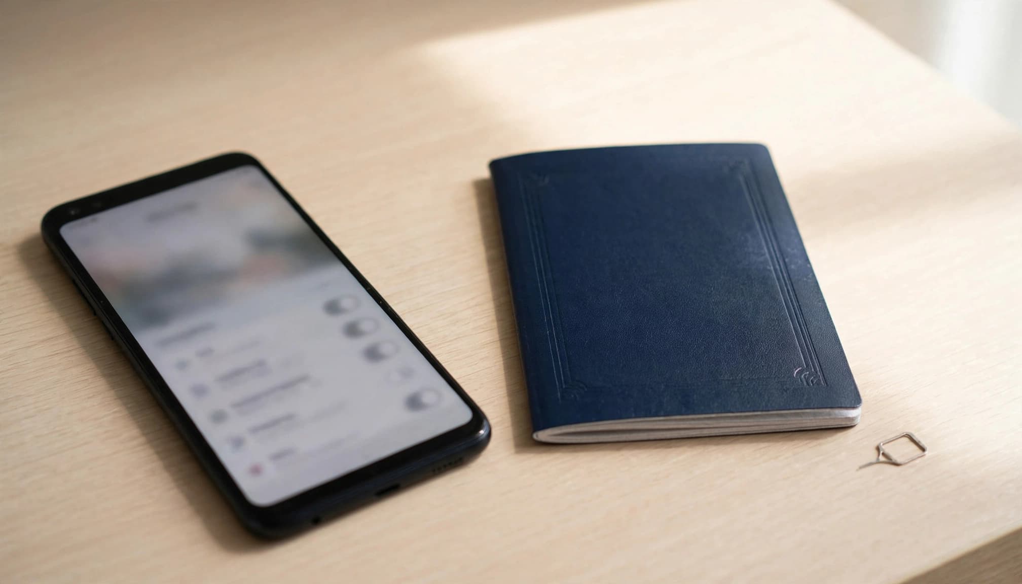 A smartphone, passport, and SIM tool rest on a sunlit hotel bedside table.