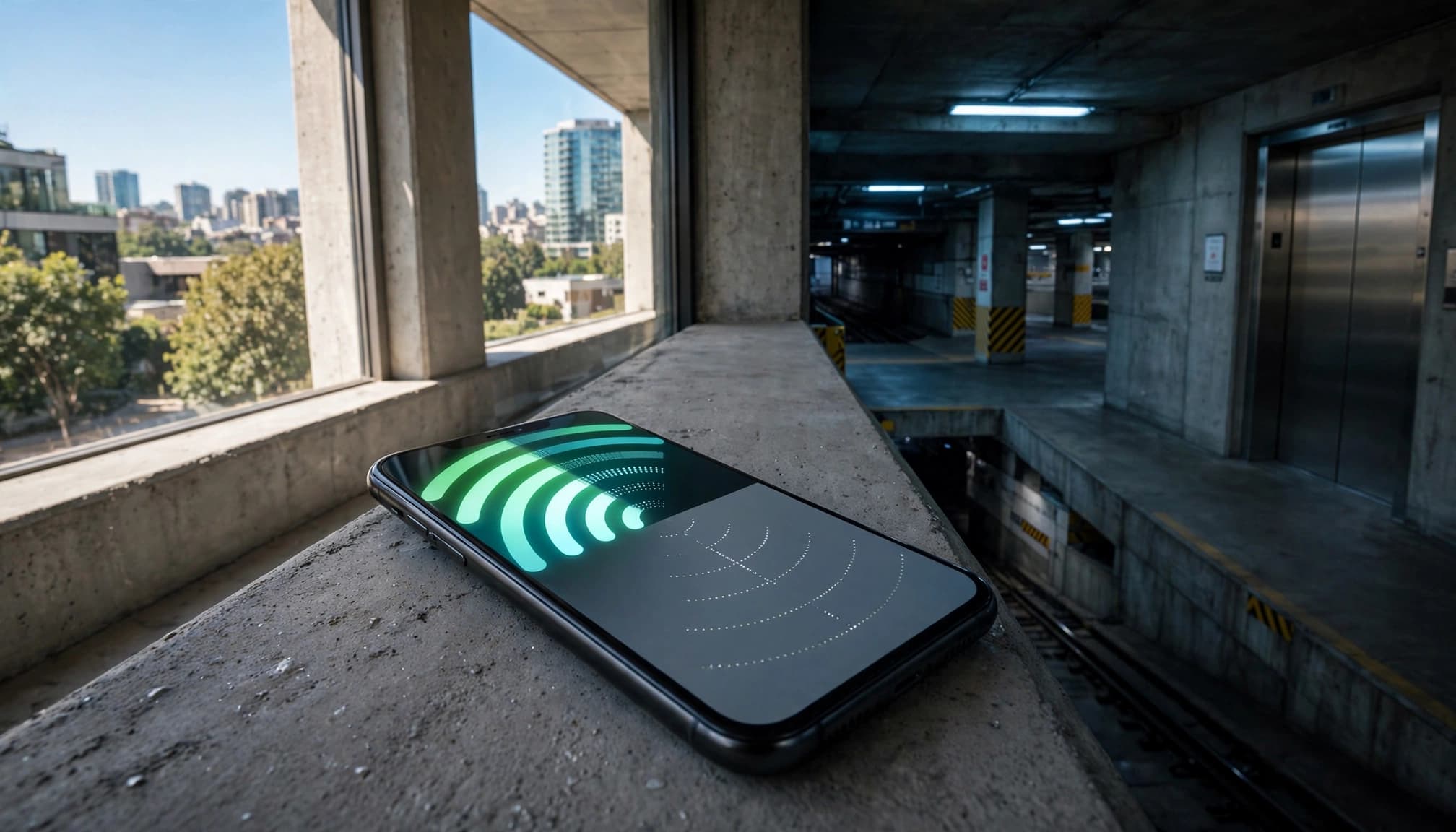 A smartphone shows strong outdoor signal beside a hotel window and weaker coverage underground.