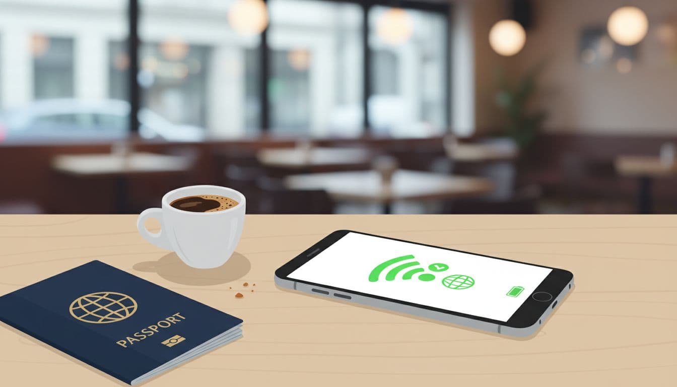 A smartphone resting on a table next to a passport and a small cup of coffee, showing a bright, simple connectivity status icon on its screen, suggesting readiness. The background is slightly blurred, hinting at an office or cafe setting.