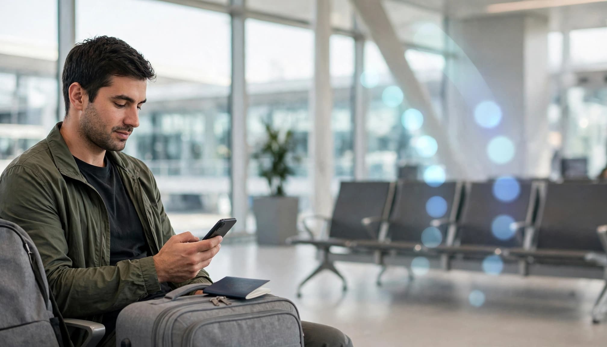 A traveler checks a phone beside a passport and small suitcase at an airport.
