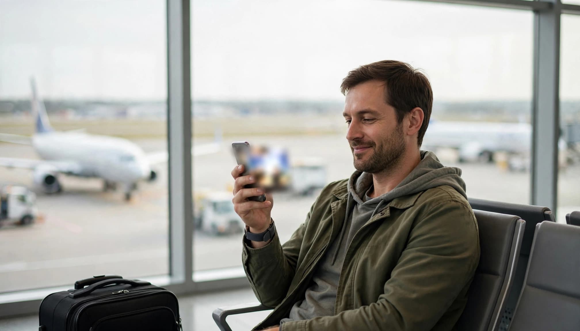 A traveler makes a phone call beside an airport window with a carry-on bag nearby.