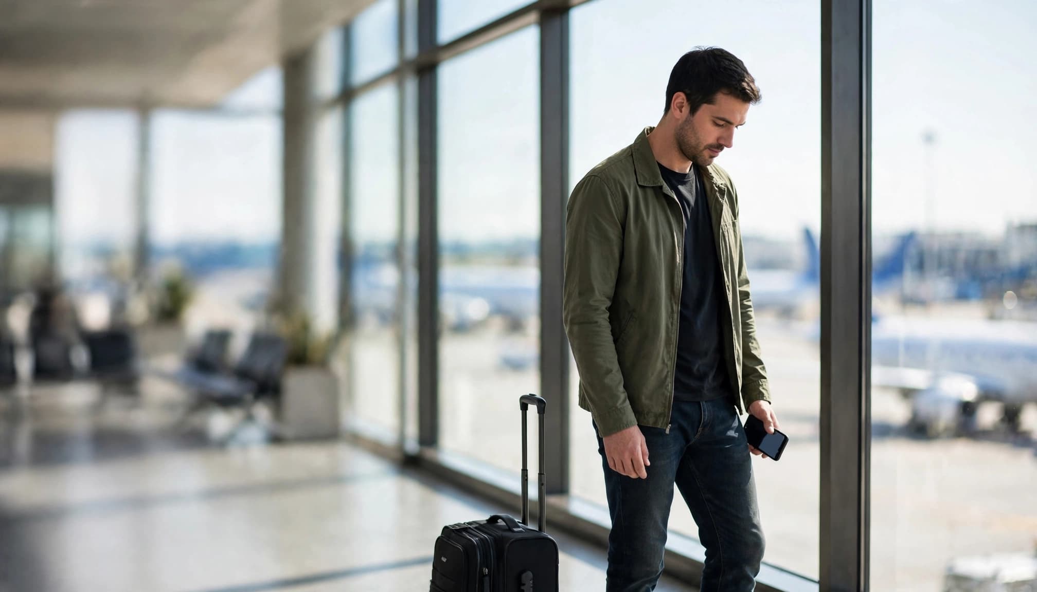 Traveler checks a smartphone beside a suitcase near an airport window.