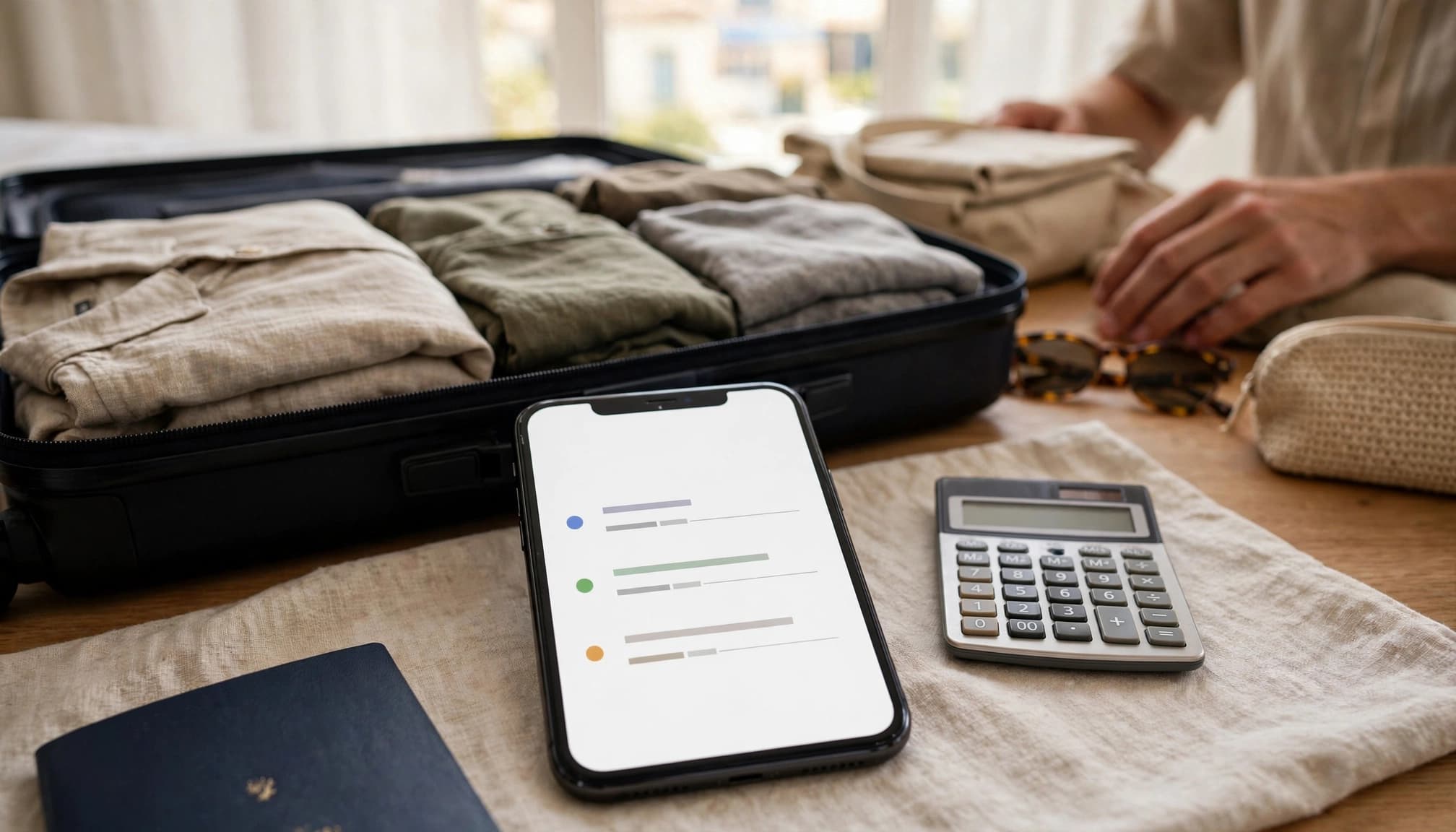 Traveler comparing data options beside a calculator and passport in a bright hotel room.