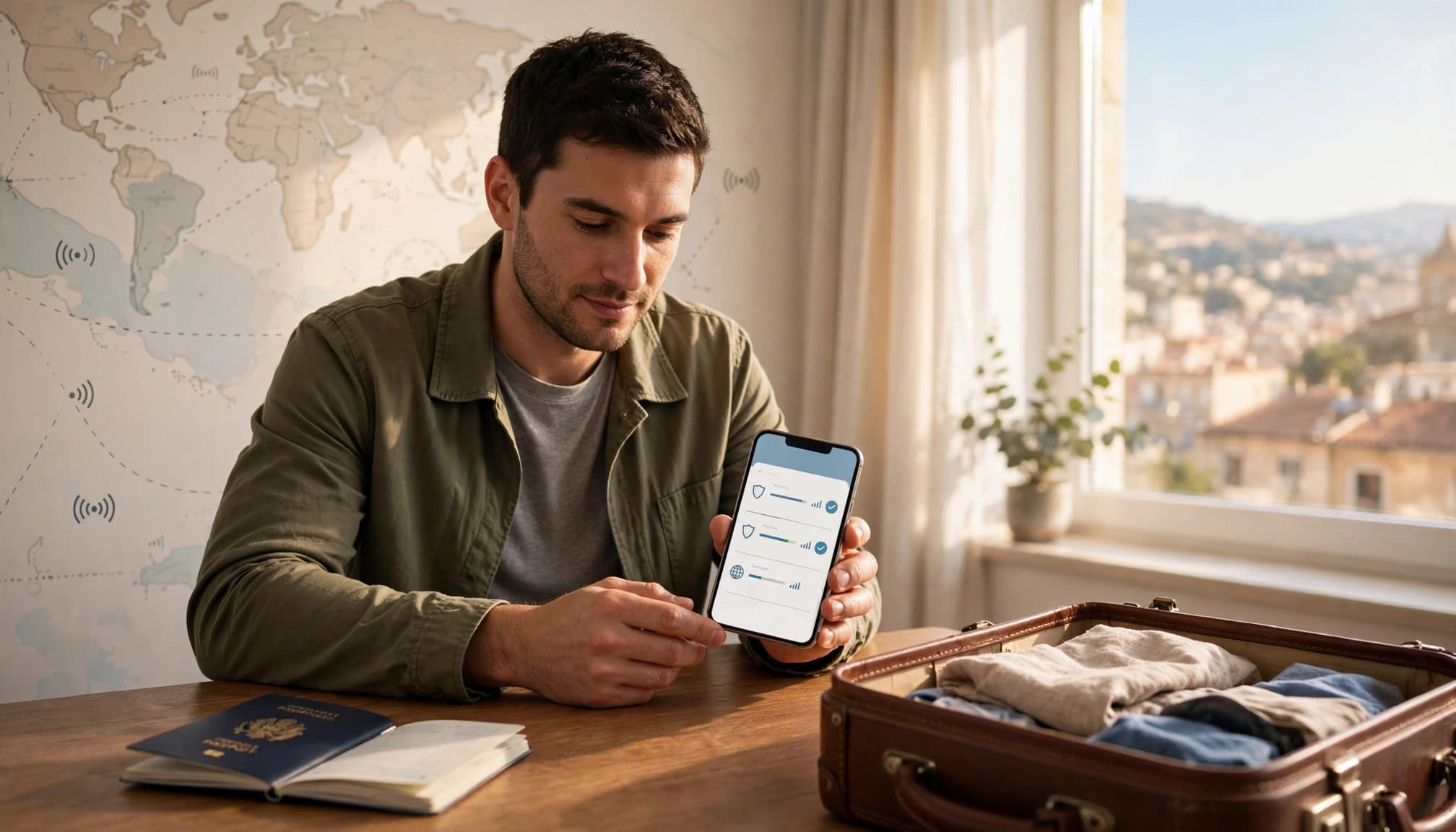 A traveler compares eSIM plans on a phone beside a passport and suitcase.