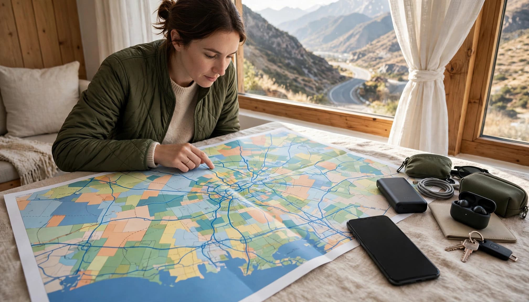 A traveler checks a colored coverage map beside a smartphone in a bright hotel room.