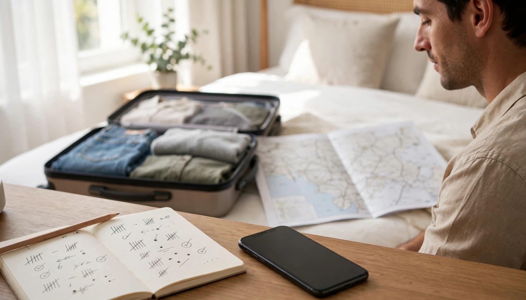 Traveler comparing a smartphone with paper calculations beside an open suitcase.