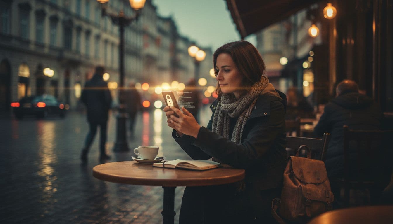A traveler sits at a dimly lit cafe table in a busy European city, focused on their smartphone with blurred street lights and architecture in the background, embodying relaxed vigilance in a cinematic style.