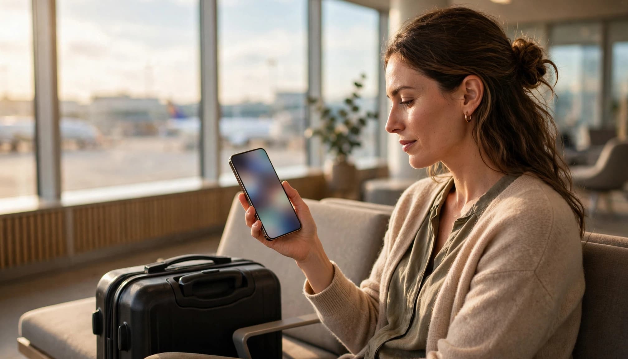 Traveler holding a smartphone beside a suitcase in a sunlit airport lounge.