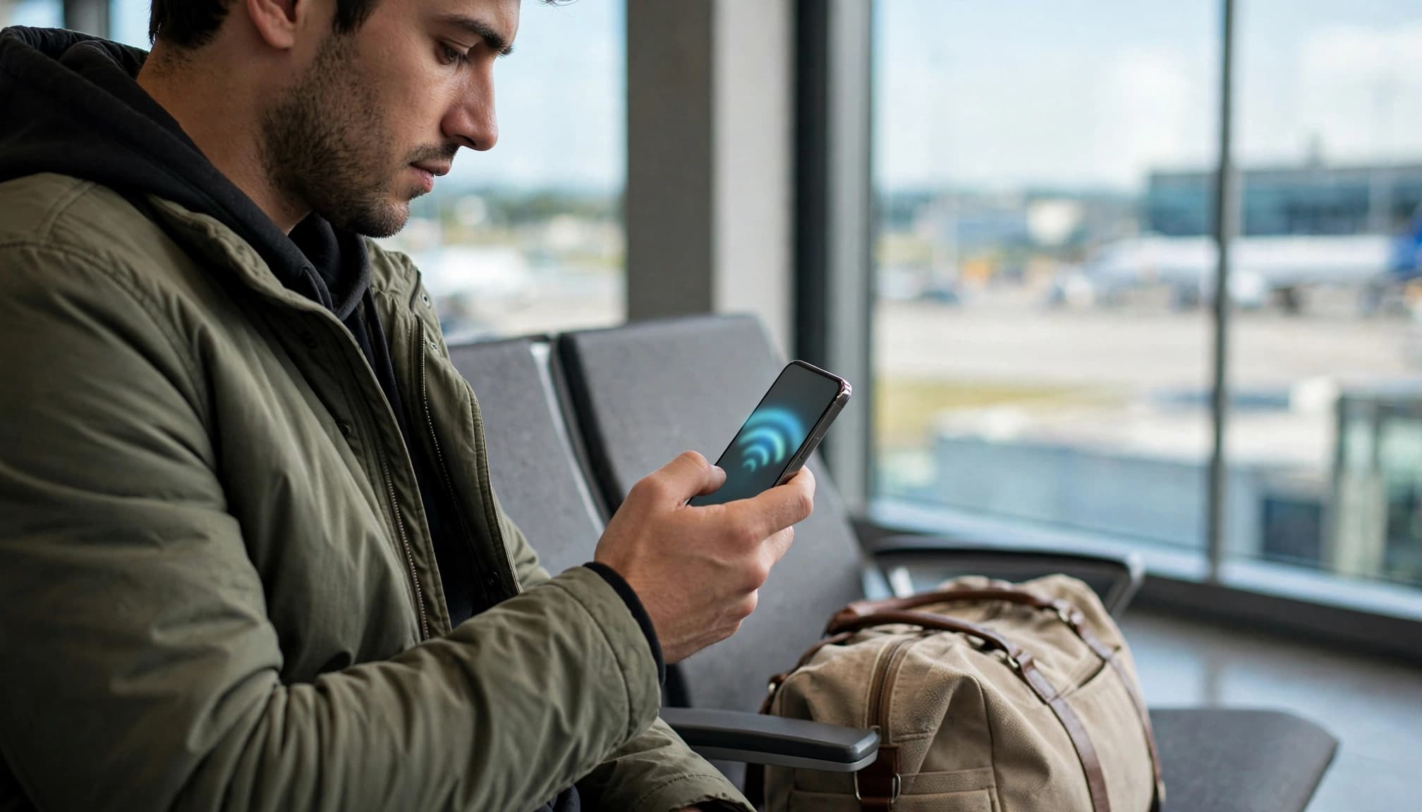 Traveler holding a glowing smartphone beside an airport window with a travel bag nearby.