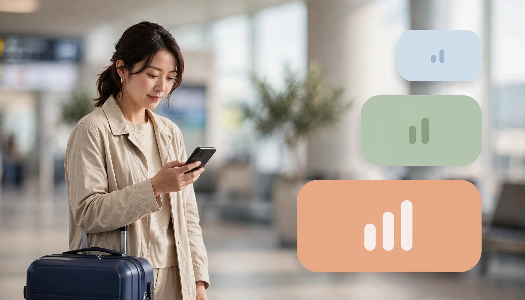Traveler holding a phone beside a suitcase with three abstract data cards at an airport.