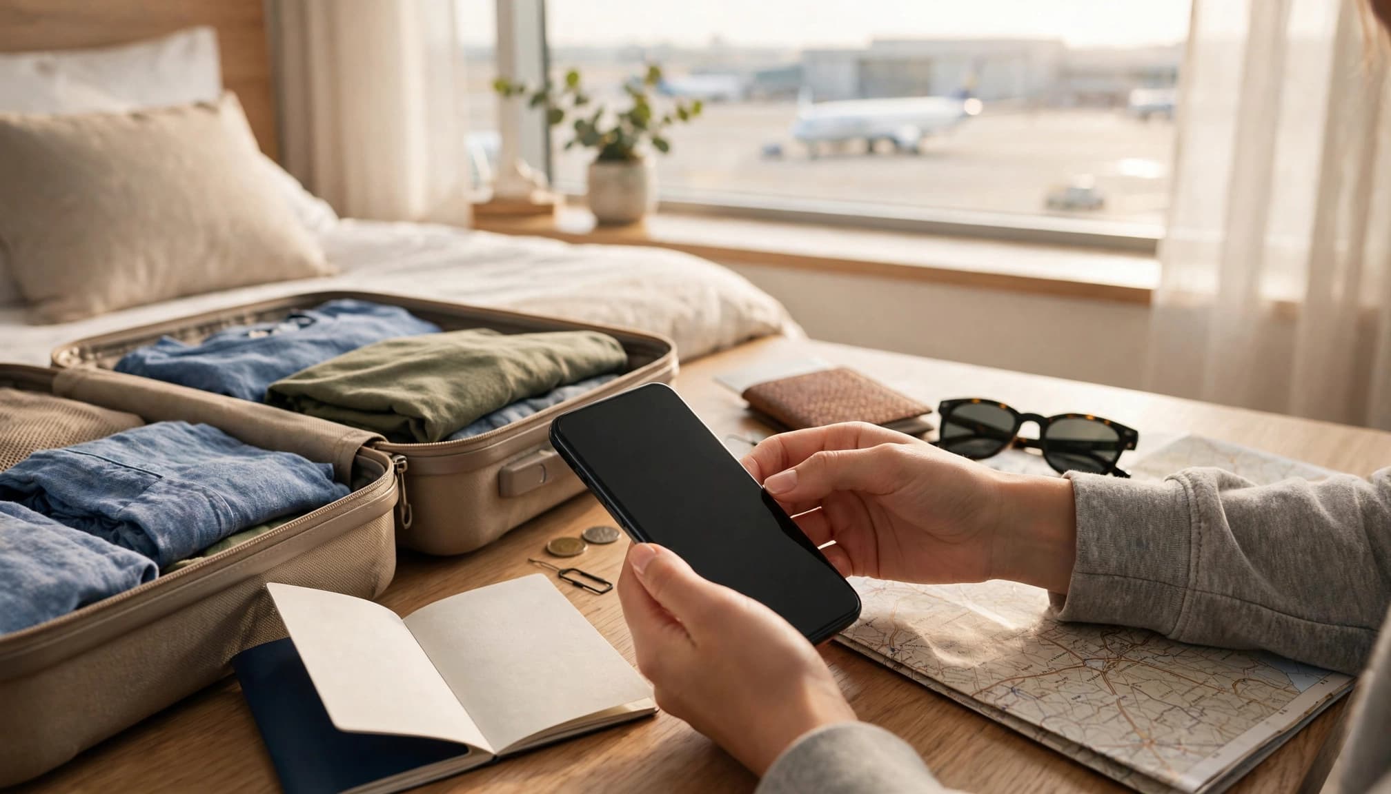 Traveler prepares a smartphone beside an open suitcase, passport, and map.