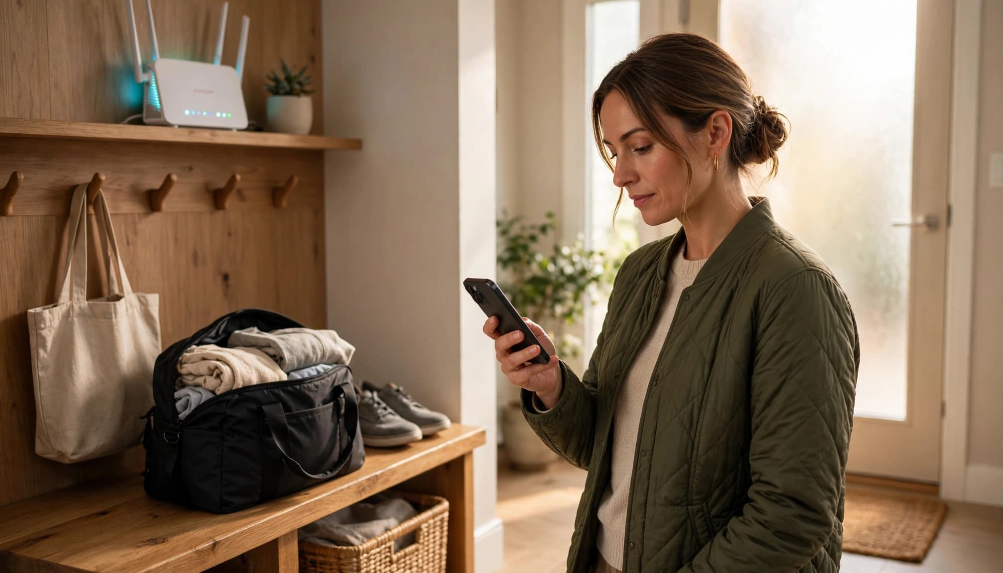 A traveler holds a smartphone beside a small bag near a glowing router.
