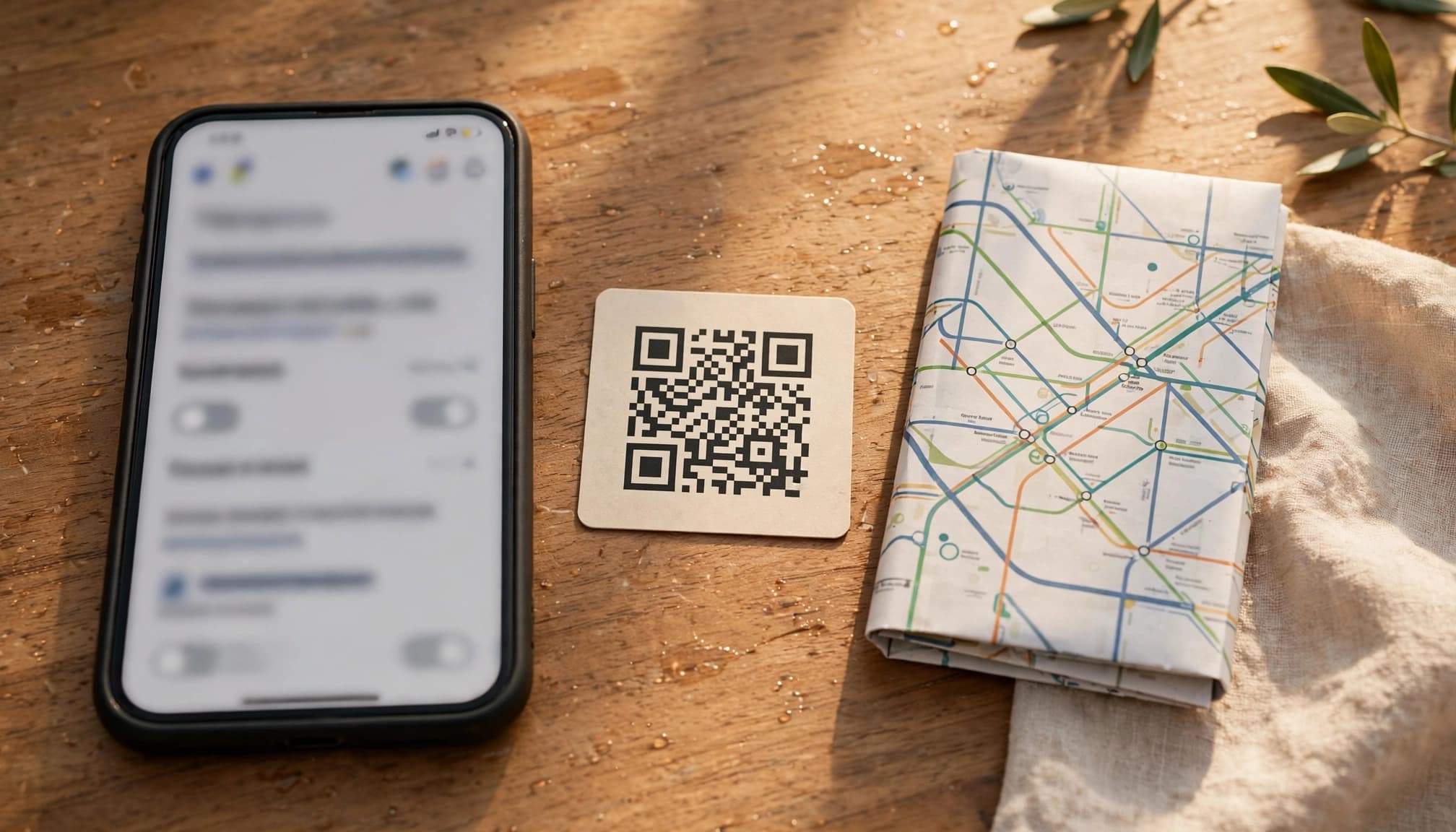 A phone, QR card, and folded transit map rest on a cafe table.