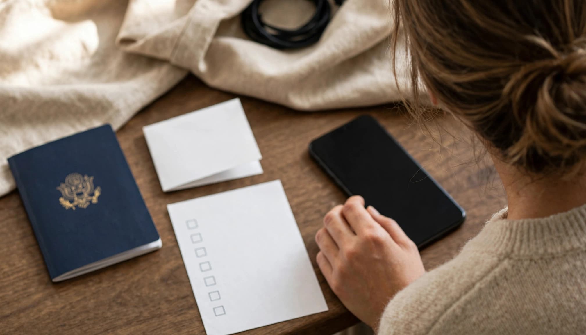 A traveler checks a phone beside a passport and trip papers.