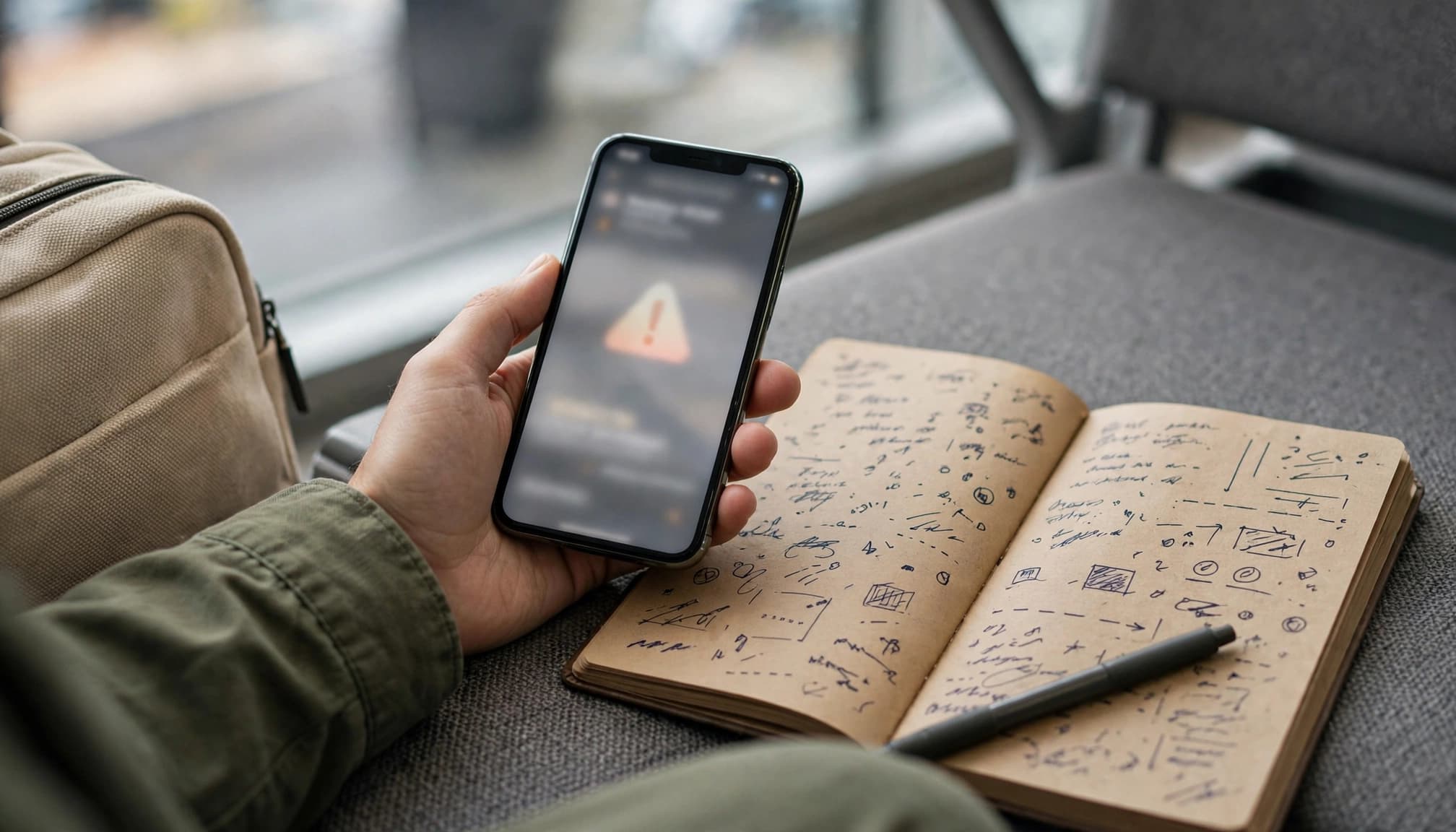 A traveler checks a phone beside an open notebook and carry-on bag.