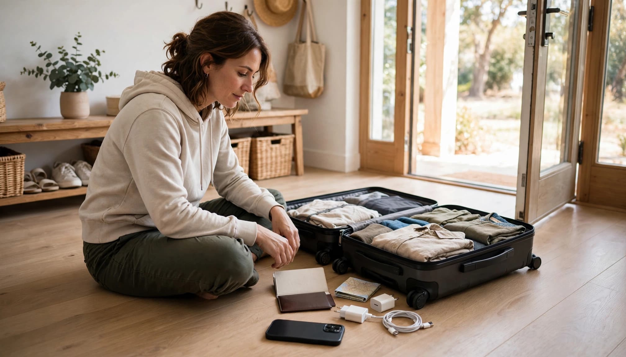 Traveler arranging a phone and documents beside an open suitcase.