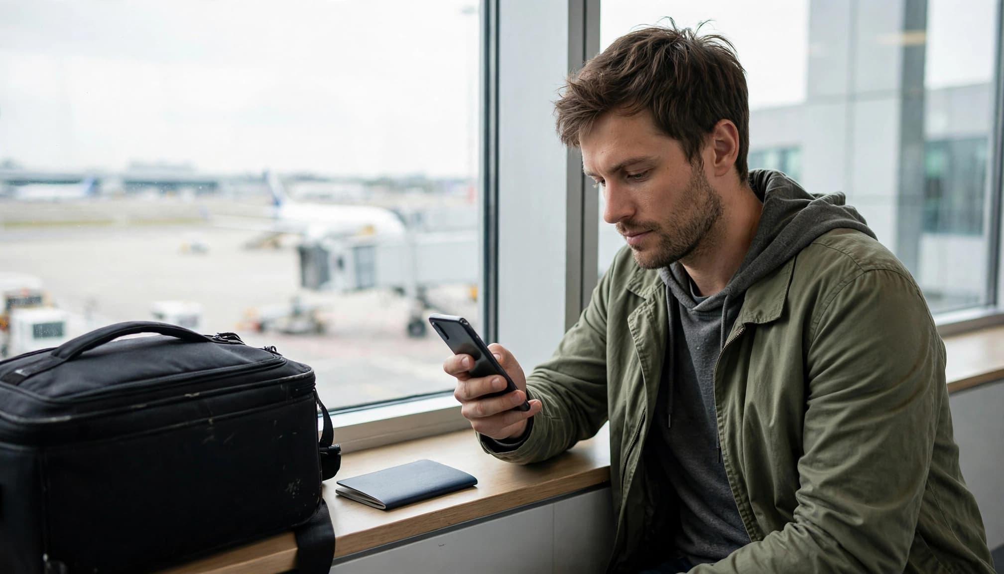 A traveler checks a phone beside an airport window, with a bag and passport nearby.