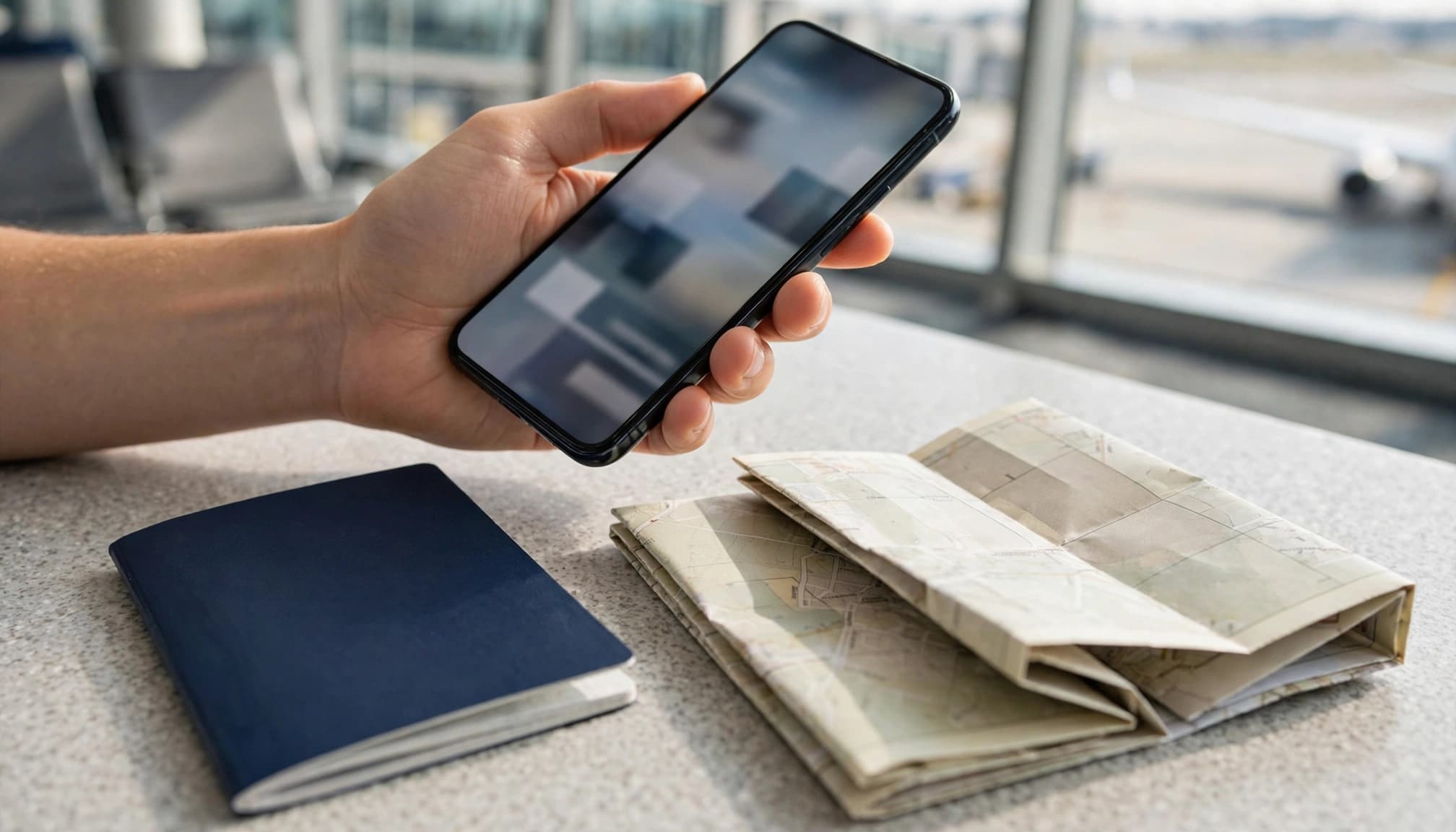 A hand holds a smartphone beside a folded map and passport at an airport gate.
