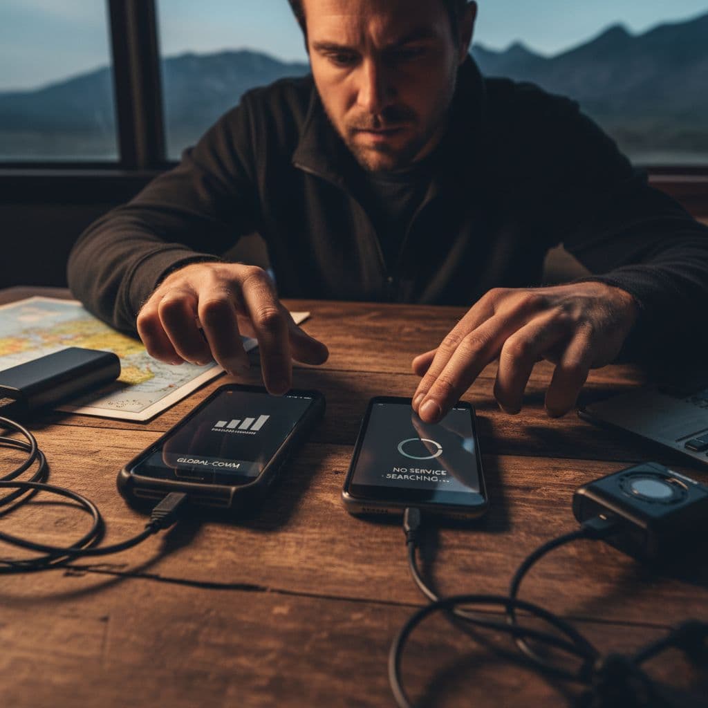 A traveler intensely prepares two smartphones side-by-side on a travel desk, one showing clear signal strength and the other troubleshooting a weak signal, symbolizing proactive preparation for connectivity issues.