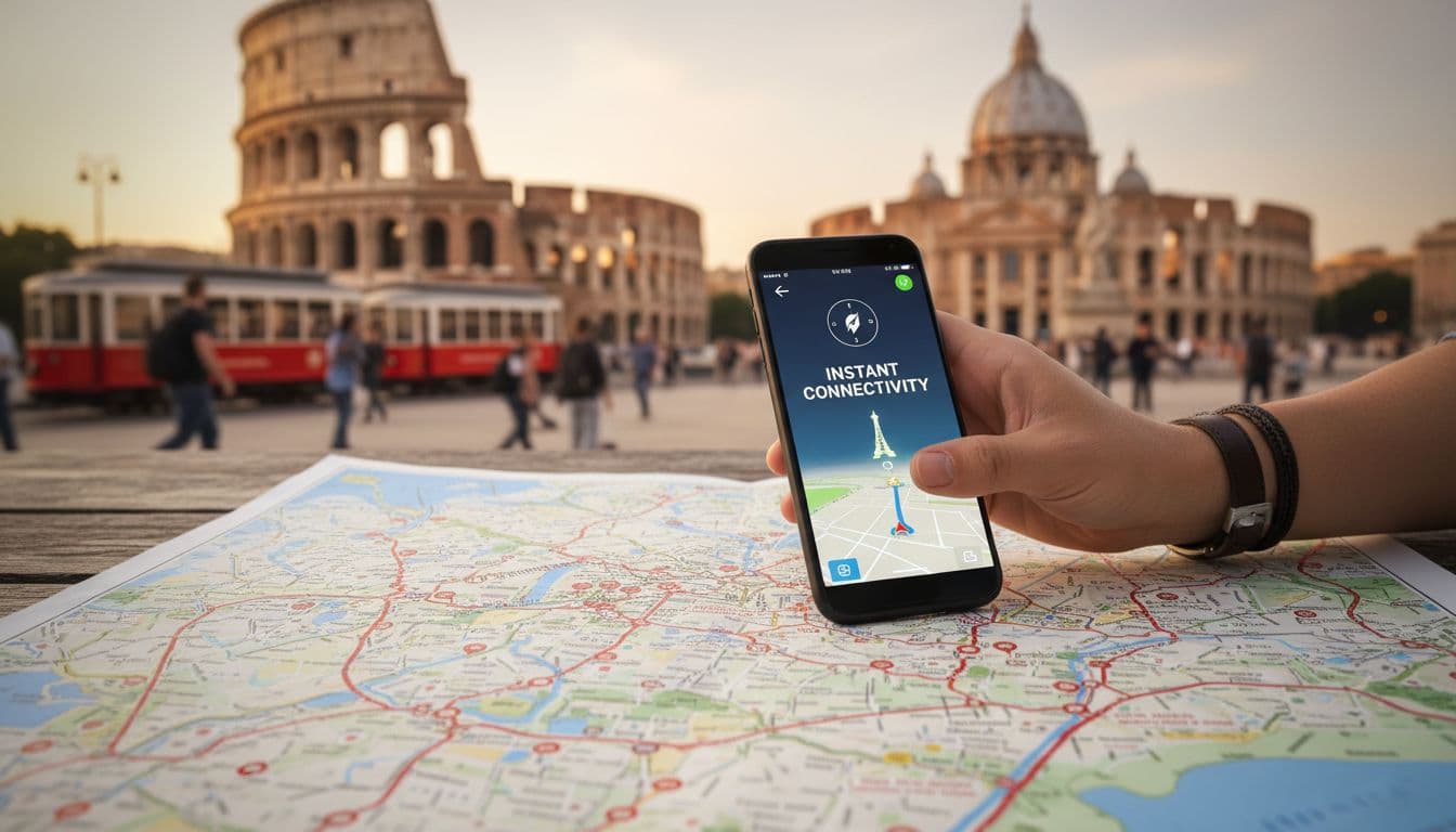 A traveler's hand places a smartphone on a busy city map, screen crisp with connectivity against blurred iconic European architecture like Eiffel Tower or Colosseum, conveying quick travel efficiency.
