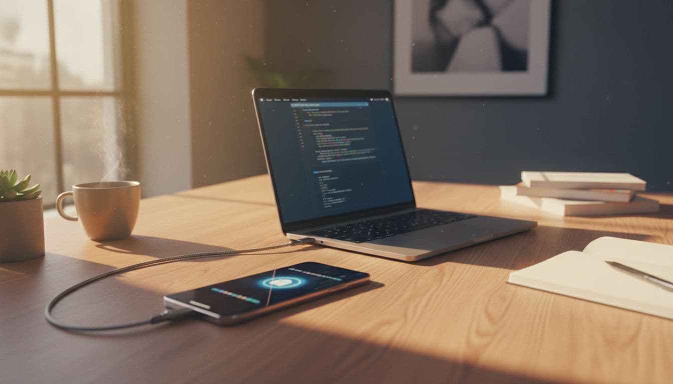 A vibrant, modern desk scene featuring a smartphone connected via USB-C cable to a sleek laptop on a clean wooden surface, illuminated by soft morning light for a productive mood.
