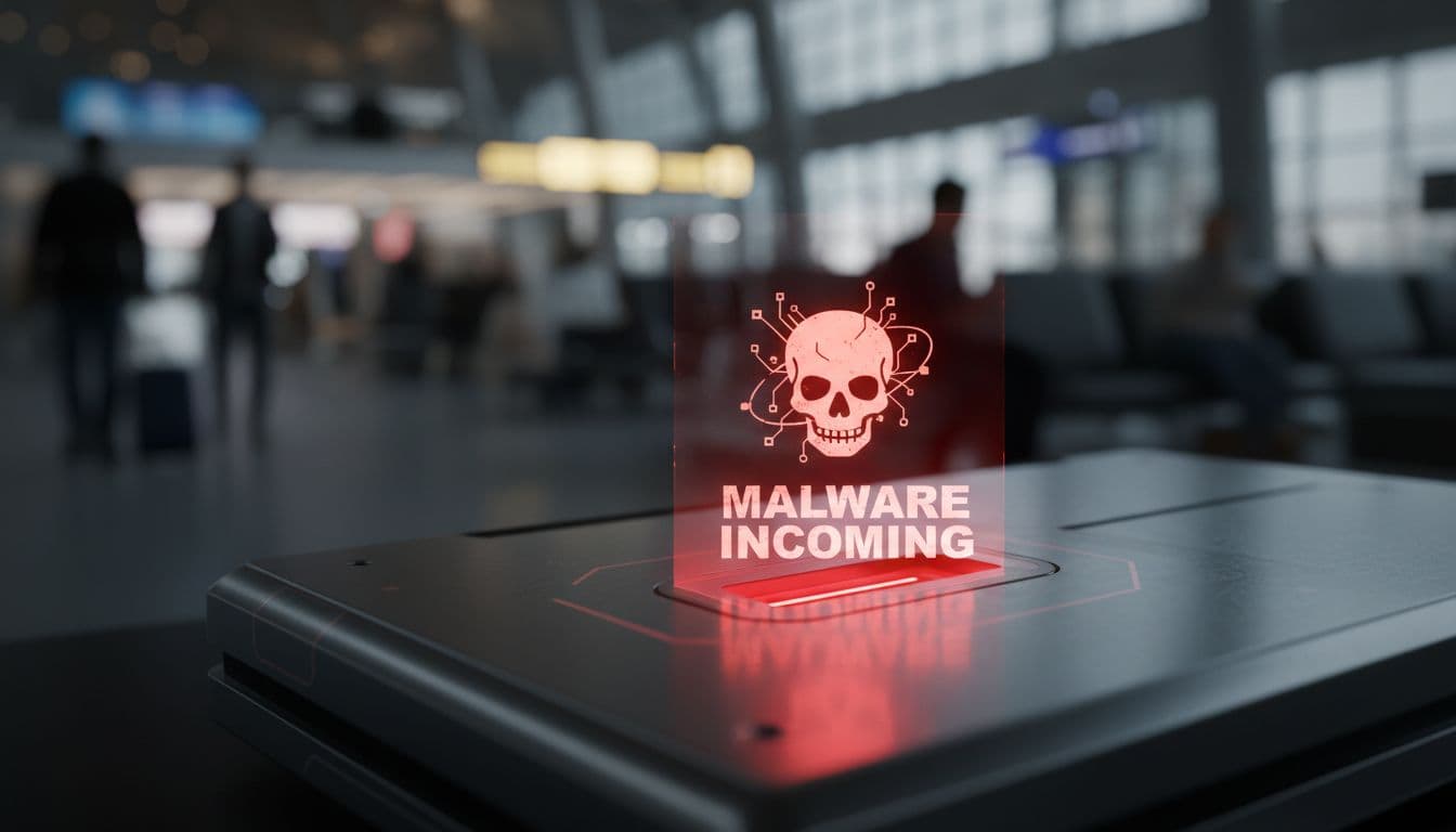 Close-up of a glowing USB port with subtle warning light and stylized 'Malware Incoming' icon against blurred bustling travel lounge background.