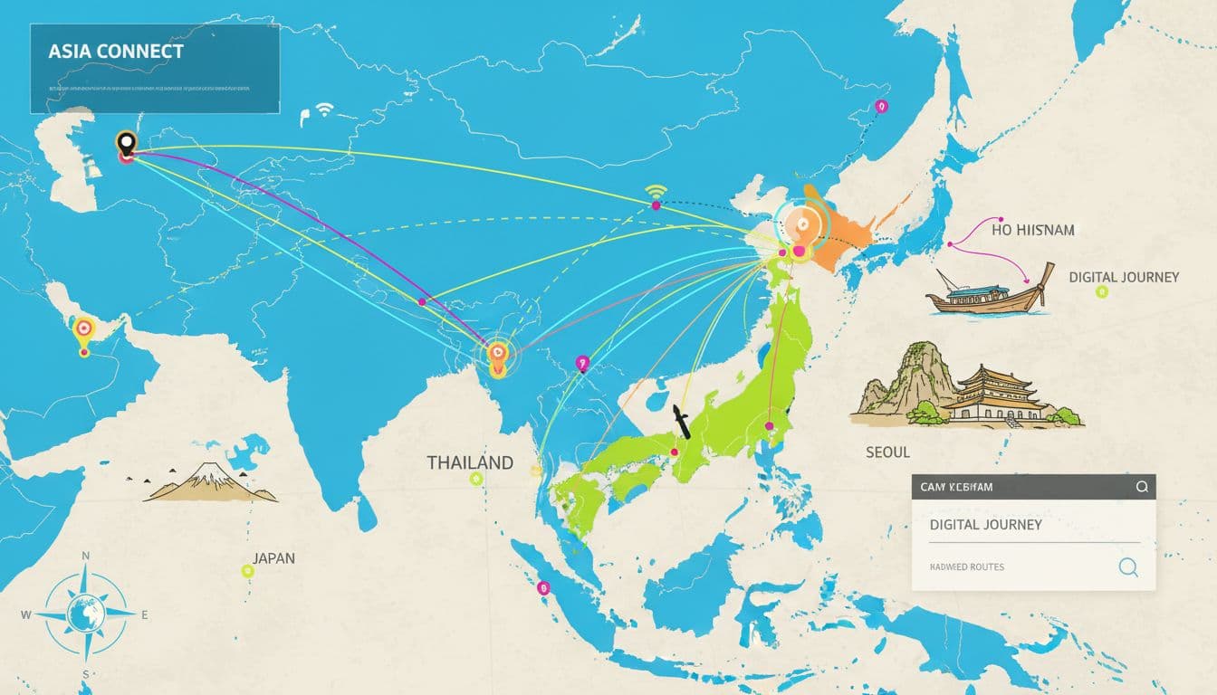 A vibrant, diverse map of East and Southeast Asia, highlighting countries like Japan, Thailand, Vietnam, and South Korea. The style is modern, clean vector art overlayed on a travel itinerary map, suggesting connectivity and digital travel solutions.