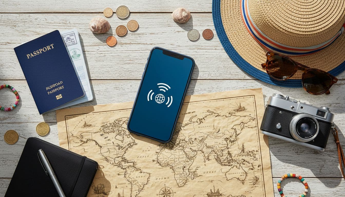 A vibrant flat lay of travel items featuring a smartphone displaying a simple data connection graphic, a passport, a stylish sun hat, a small camera, and an old paper map spread out on a wooden table. The mood is bright and ready for adventure.
