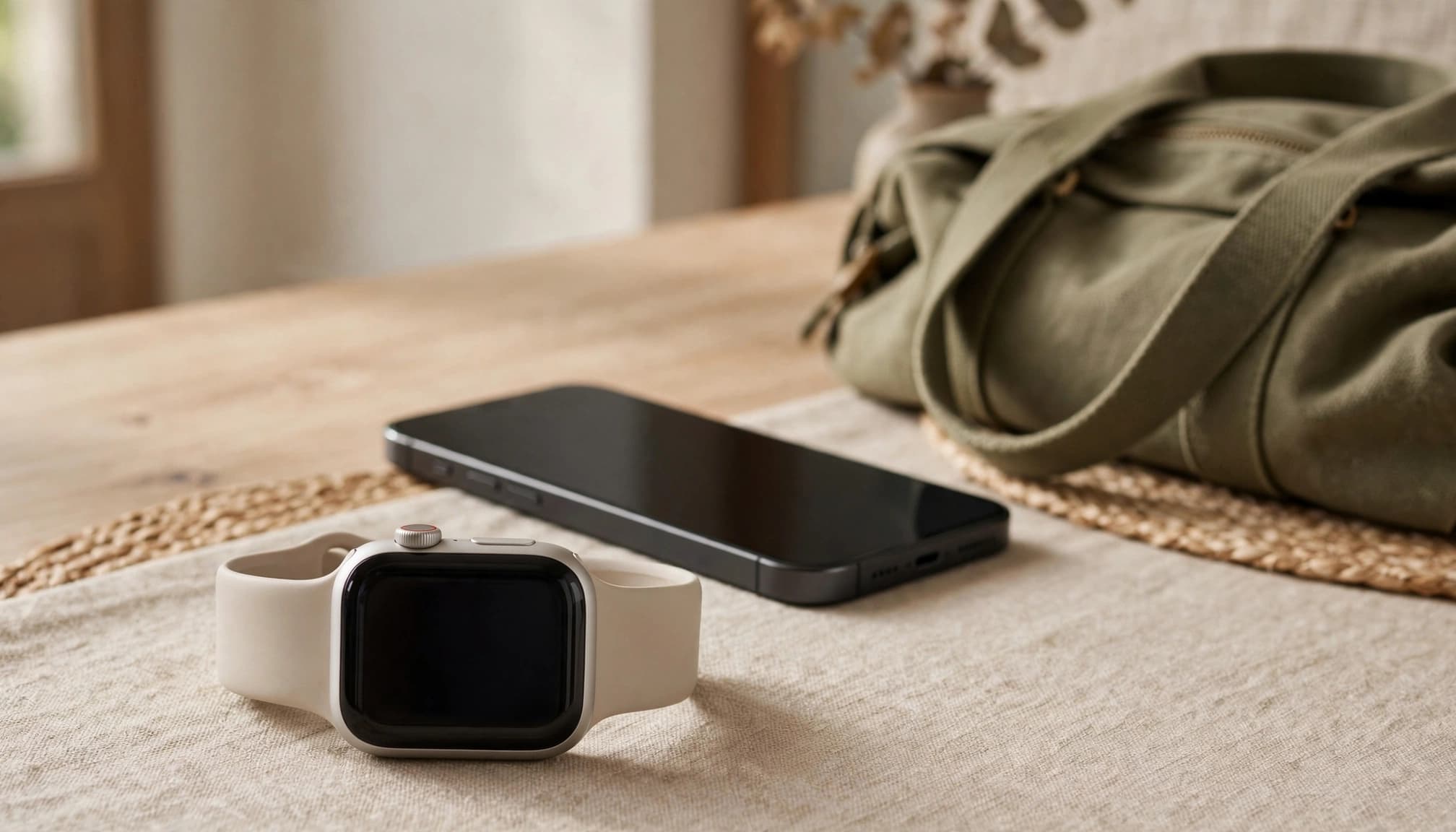 A smartwatch and phone rest on an entryway table beside a travel bag.