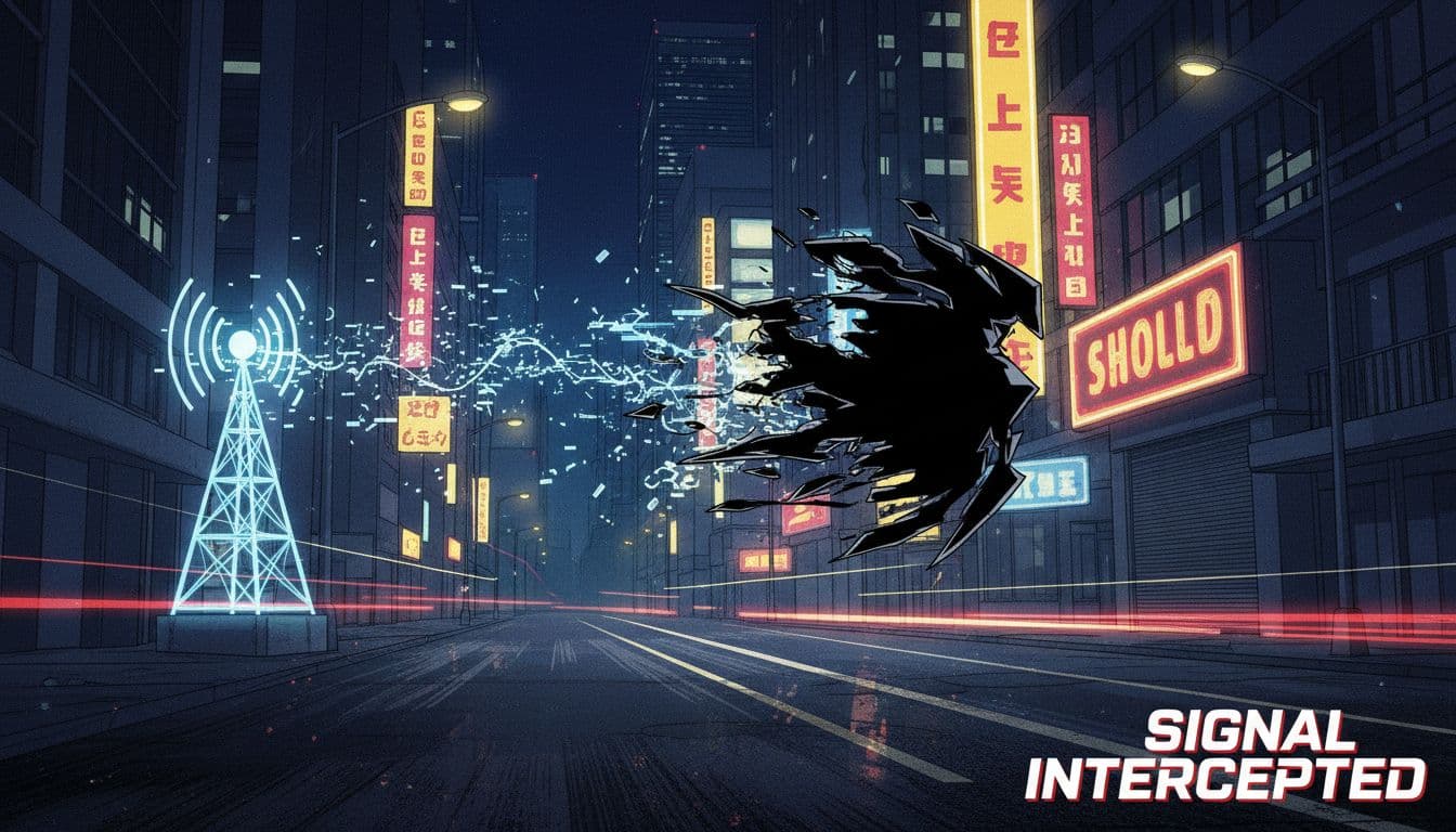 Faint broken radio waves are snatched by a dark abstract shape against a backdrop of a busy empty city street, emphasizing signal transmission security in a dramatic high-contrast digital illustration.
