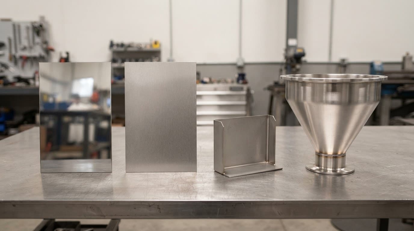 Polished and brushed steel samples beside a bent panel and tank component on a workbench.