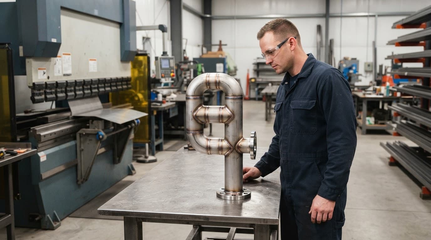 Technician inspecting a welded stainless steel pipe beside a bending machine.