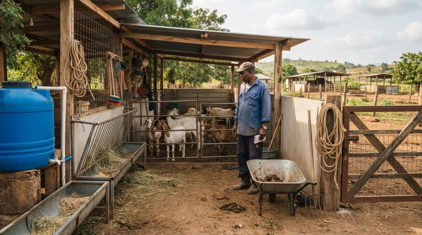 A Nigerian farmer checks a livestock shelter with troughs, tanks, tools, and gates.