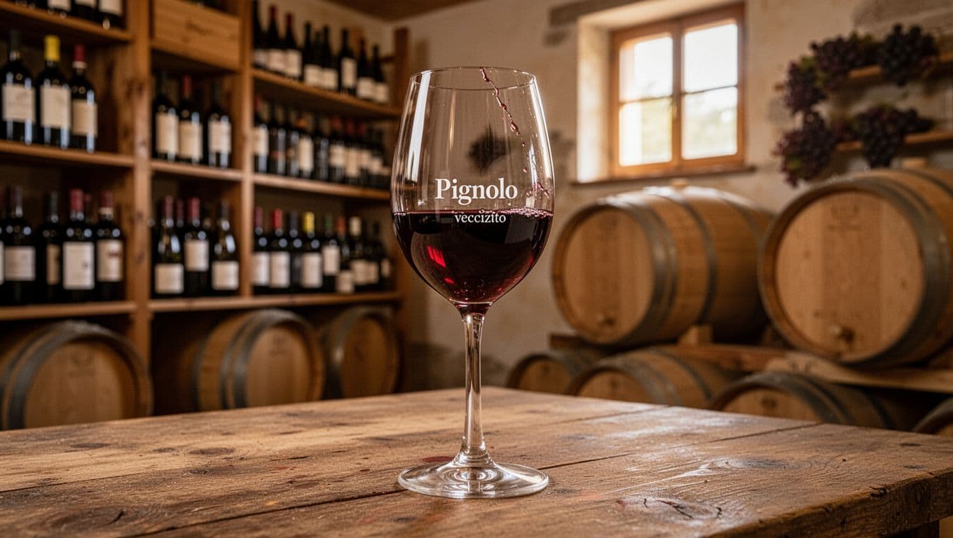 Ultra-realistic high-definition photo of a glass of aged Pignolo red wine poured on a wooden table in a Friulian cellar, with intense ruby-garnet color, slow legs on the glass, and blurred background of bottle shelves and oak barriques under warm light.