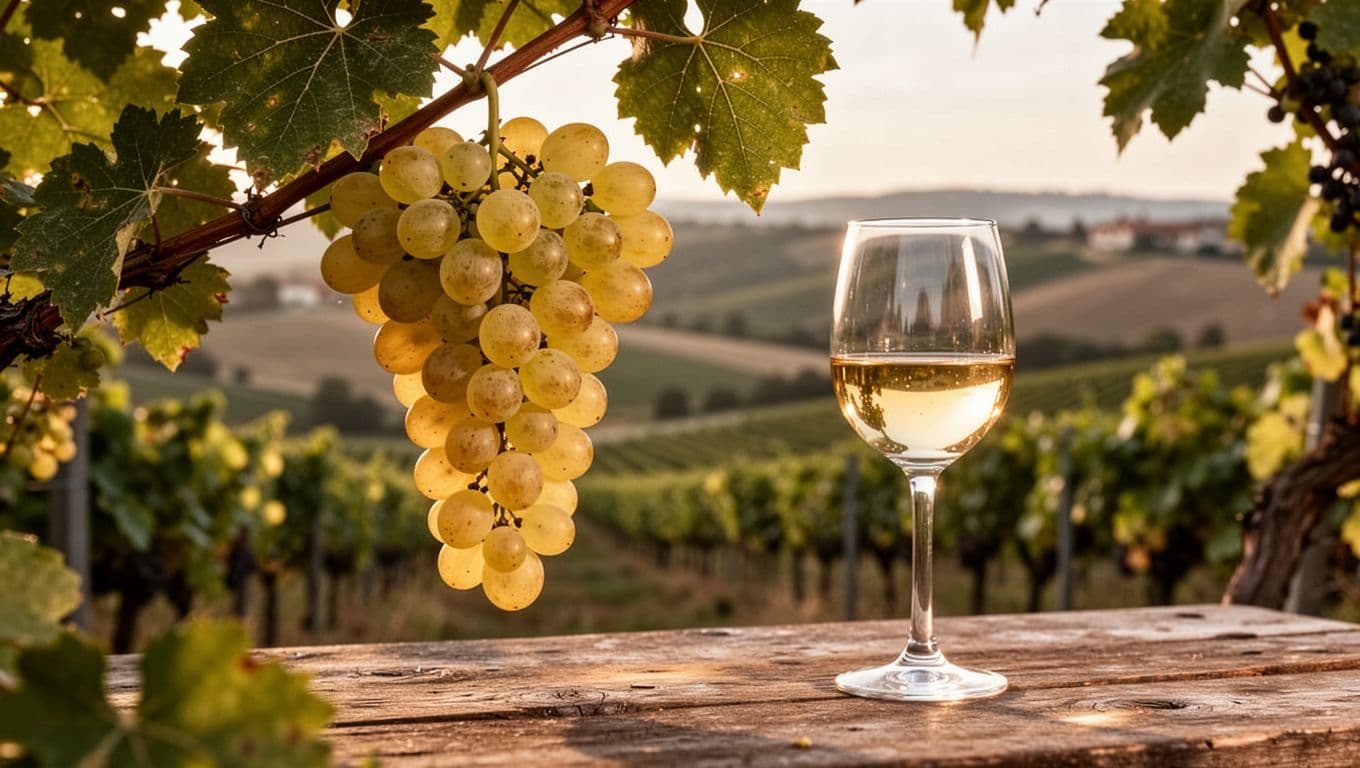 Realistic editorial photo of a single Albana grape cluster with golden-amber berries hanging on the vine amid green leaves, set against blurred Romagna hills and vineyards, with a glass of golden white wine on a rustic table.