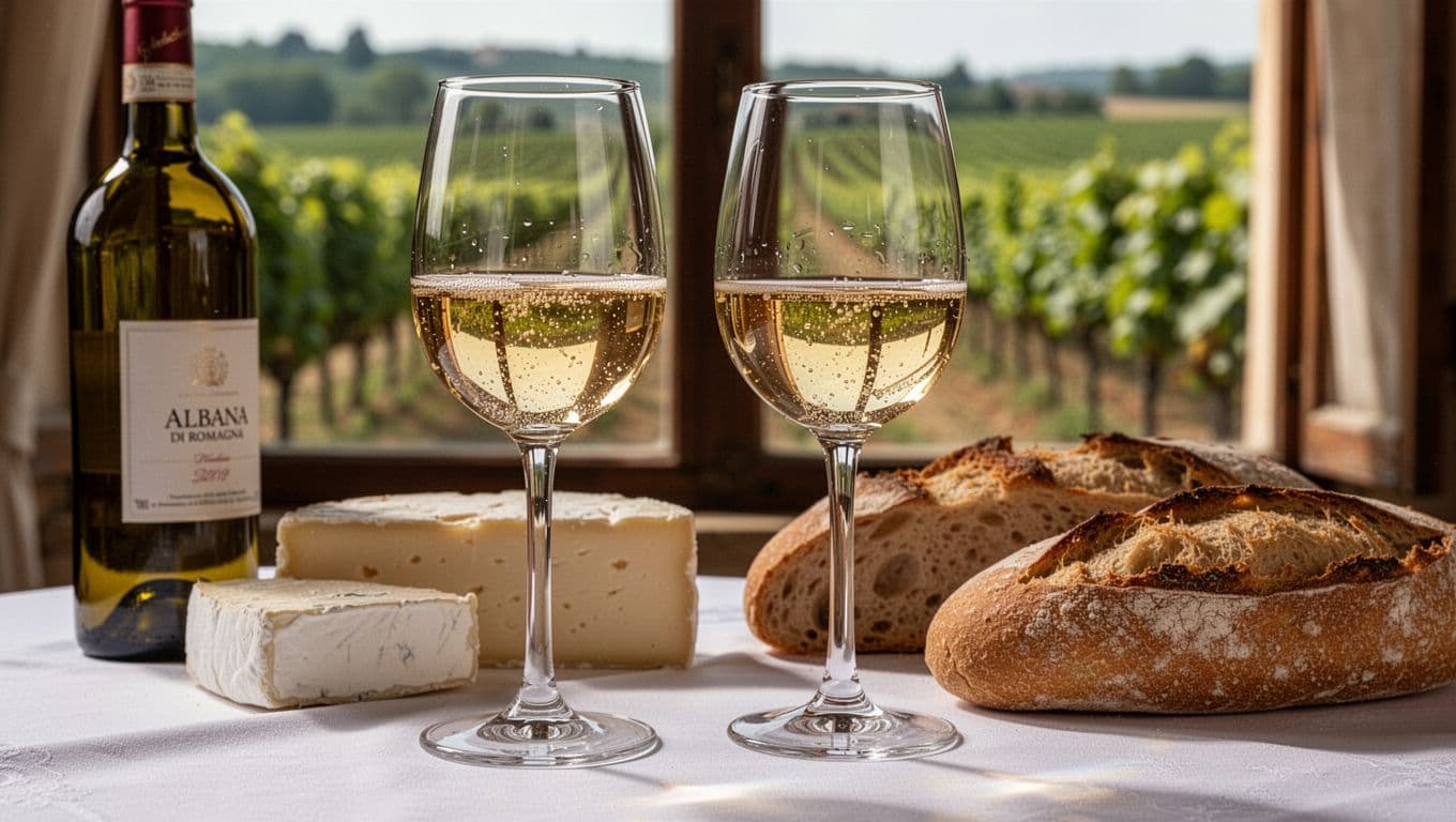 Close-up realistic editorial photo of two glasses of clear golden Albana di Romagna wine with fine bubbles, on a white tablecloth next to fresh cheeses and rustic bread, blurred vineyard background through window, intimate Italian tasting atmosphere.