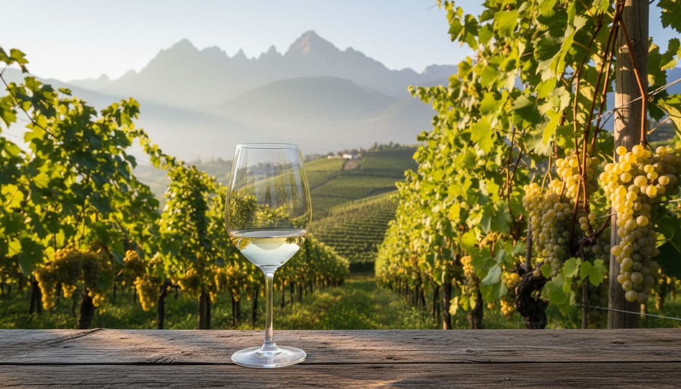 Hilly Pinot Bianco vineyard in Alto Adige with compact white grape clusters hanging from vines and an elegant glass of clear white wine on a rustic wooden table, set against a mountain landscape in fresh morning light.