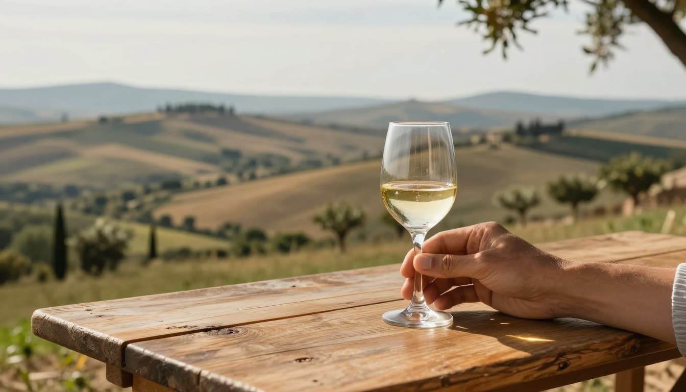 Realistic high-definition photo of Ansonica (Inzolia) white wine in a glass on a rustic wooden table near olive trees, overlooking the Tuscan sea, featuring golden reflections, fine bubbles, and soft afternoon light.