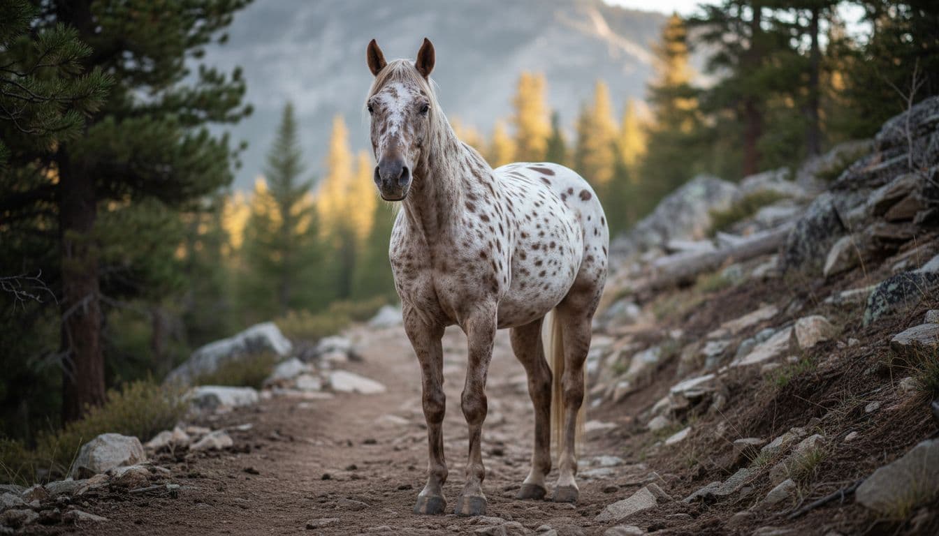 Hyper-realistic full-body portrait of an adult Appaloosa horse with leopard/blanket coat, defined spots, marbled muzzle and eyes, striped hooves, standing perfectly on a mountain trail among rocks and woods in soft morning light with serene atmosphere.