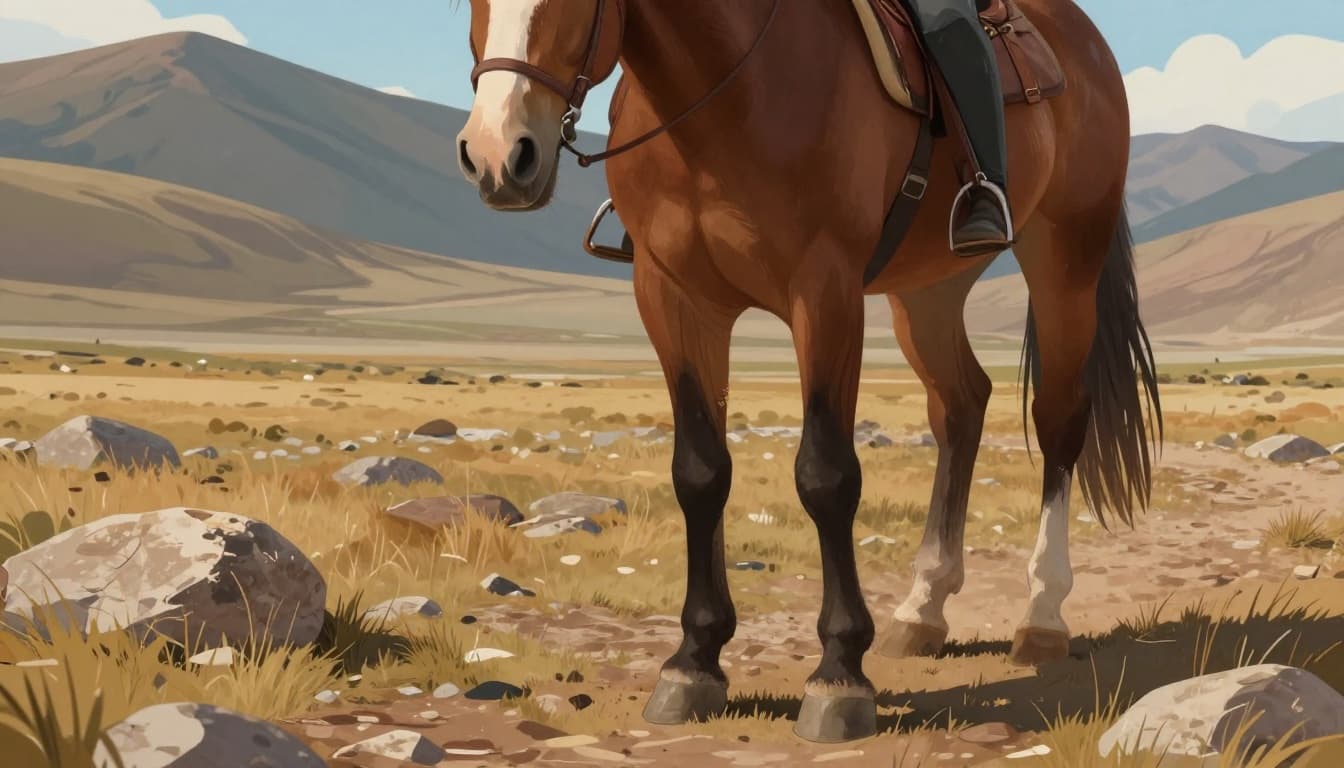 Illustrazione fotorealistica di un cavallo Criollo argentino adulto in assetto da trekking su sentiero andino, con focus su corporatura compatta e appoggi sicuri.