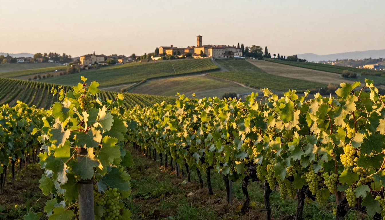 Realistic high-definition editorial-style photograph of Arneis vines in the Roero hills of Piedmont at sunset, featuring ordered rows with shiny green leaves, golden ripe grapes, warm grazing light, long shadows, and a serene atmosphere with rolling vineyard-covered hills and a distant village.
