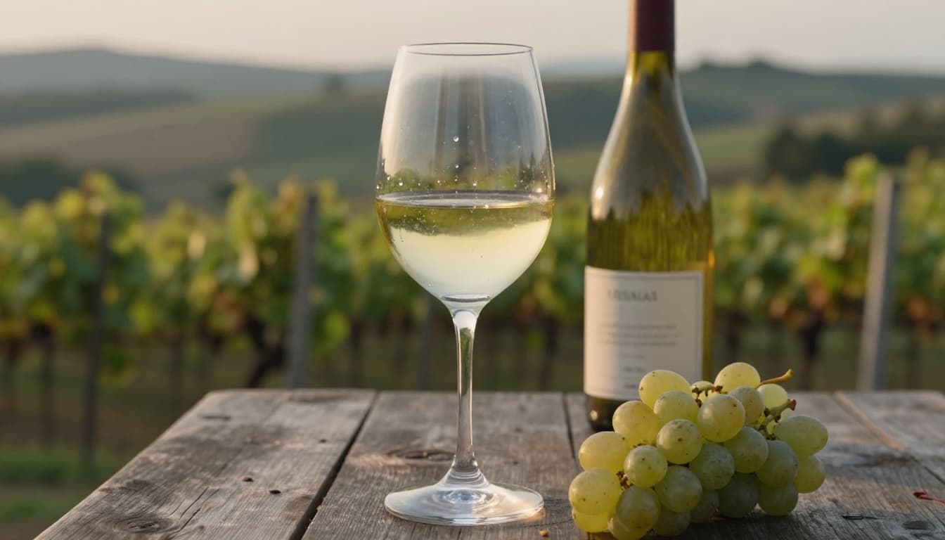 Realistic high-definition enogastronomic photo of a close-up Arneis white wine glass with bright straw color and greenish reflections on a rustic outdoor wooden table in Roero hills at sunset. Condensation droplets on the glass, fresh Arneis grapes, unmarked bottle, warm natural light, blurred vineyard background with soft bokeh.